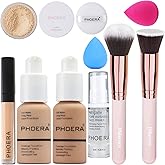 PHOERA Makeup Set - Full Coverage Foundation, Primer, Powder, Concealer & Kabuki Brushes (2 Sponge, Porcelain)