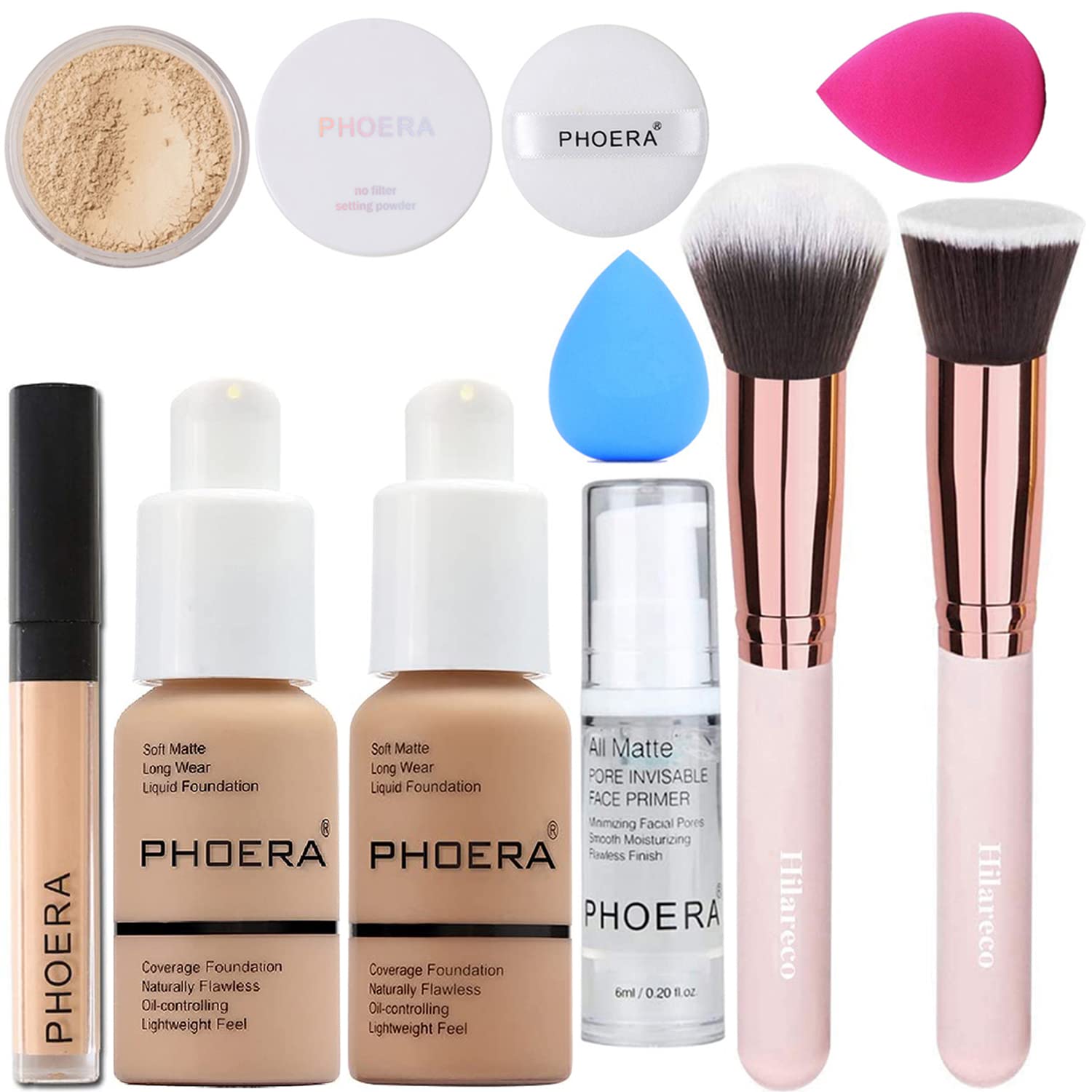 phoera Full Coverage Foundation, Primer, Powder, Concealer, makeup Set with Kabuki Brushes and Sponge — image 1