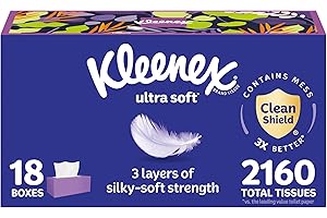 Kleenex Ultra Soft Facial Tissues, 18 Flat Boxes, 120 Tissues per Box, 3-Ply (2,160 Total Tissues), Packaging May Vary