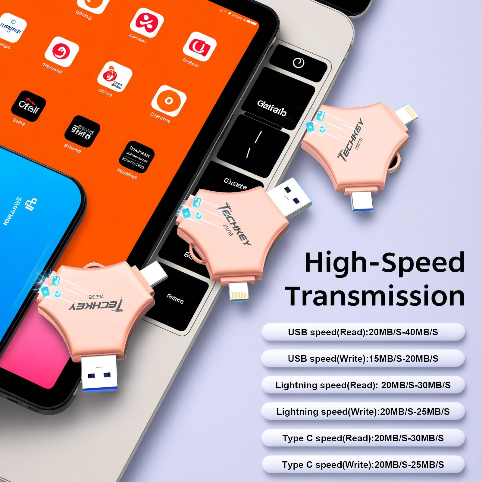 MFi Certified USB 3.0 Flash Drive 256GB for iPhone 3in1 External Memory Photo Keeper Storage Stick for Picture/Video/Data Saver/Backup High Speed Thumb/Jump/Hard Drives for iPad/Android/PC (Rose Gold)