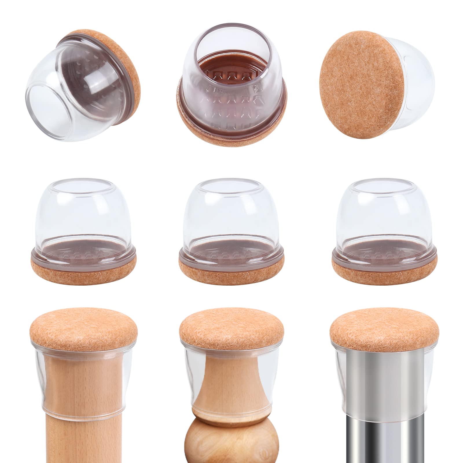 RCHYFEED 1.2-1.6'' Chair Leg Caps Floor Protectors with Felt Sliders, 24PCS Clear Furniture Leg Caps Cups Gliders for Protecting Hardwood Floors from Scratches, Furniture Table Leg Covers Round