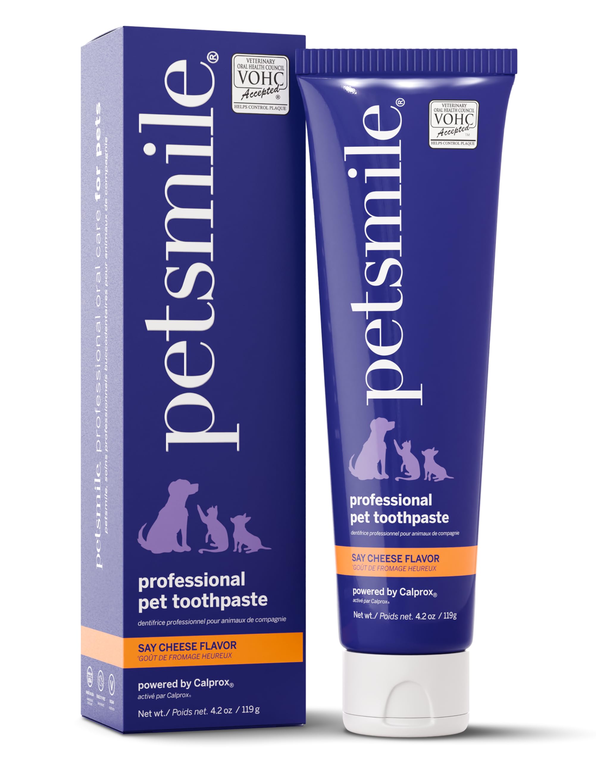 Petsmile Professional Pet Toothpaste for Cats & Dogs - Only VOHC Accepted Toothpaste - Clinically Proven to Control Plaque & Tartar Calprox Formula (Say Cheese, 119 g, 4.2 Oz)