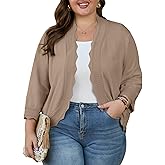 OLRIK Plus Size Cardigan for Women 3/4 Sleeve Lightweight Casual Open-Front Ribbed Wave Edges Knit Cropped Shrugs Sweaters