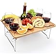 Tirrinia Portable Wine Picnic Table, Ideal Wine Gift for Women Men, Small Folding Outdoor Picnic & Cheese Tray with 4 Wine Glasses Holder for Camping, Park, Beach, Garden, Concerts,Steel Legs