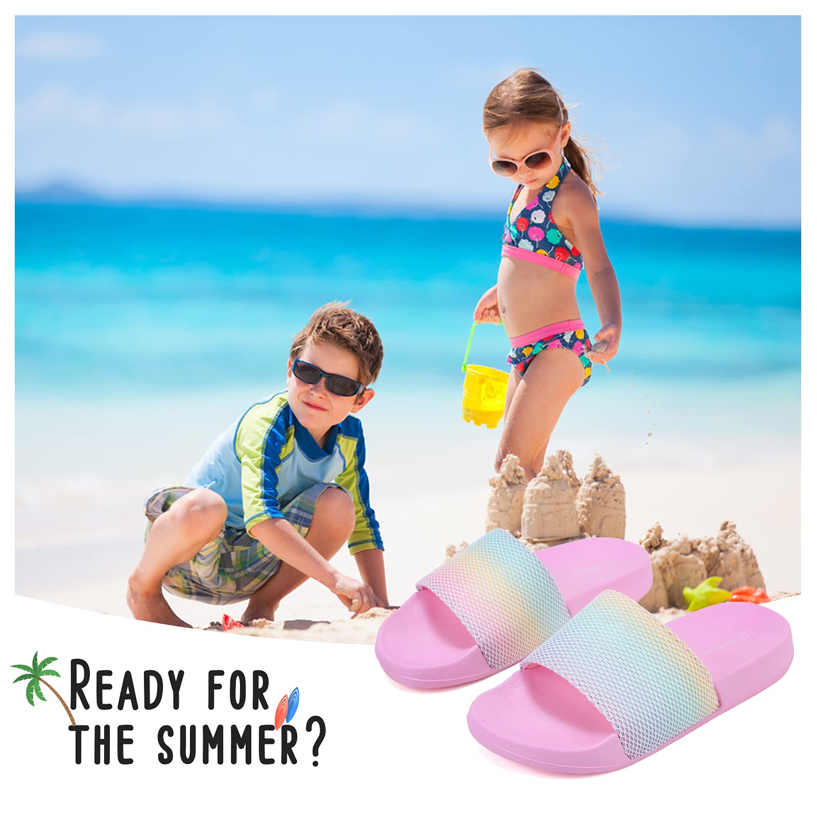 WateLves Badelatschen Kinder Sommer Hausschuhe Badeschlappen Jungen Mädchen Rutschfeste Dusch Badeschuhe Strand Sandalen(Regenbogen 34/35EU) 2