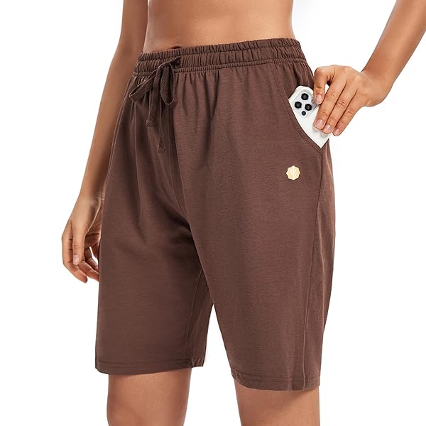 LUCKYCATCUS WOMEN’S BERMUDA SHORTS JERSEY SHORTS WITH POCKETS YOGA WALKING ATHLETIC LONG SHORTS FOR WOMEN KNEE LENGTH (BROWN, XS)