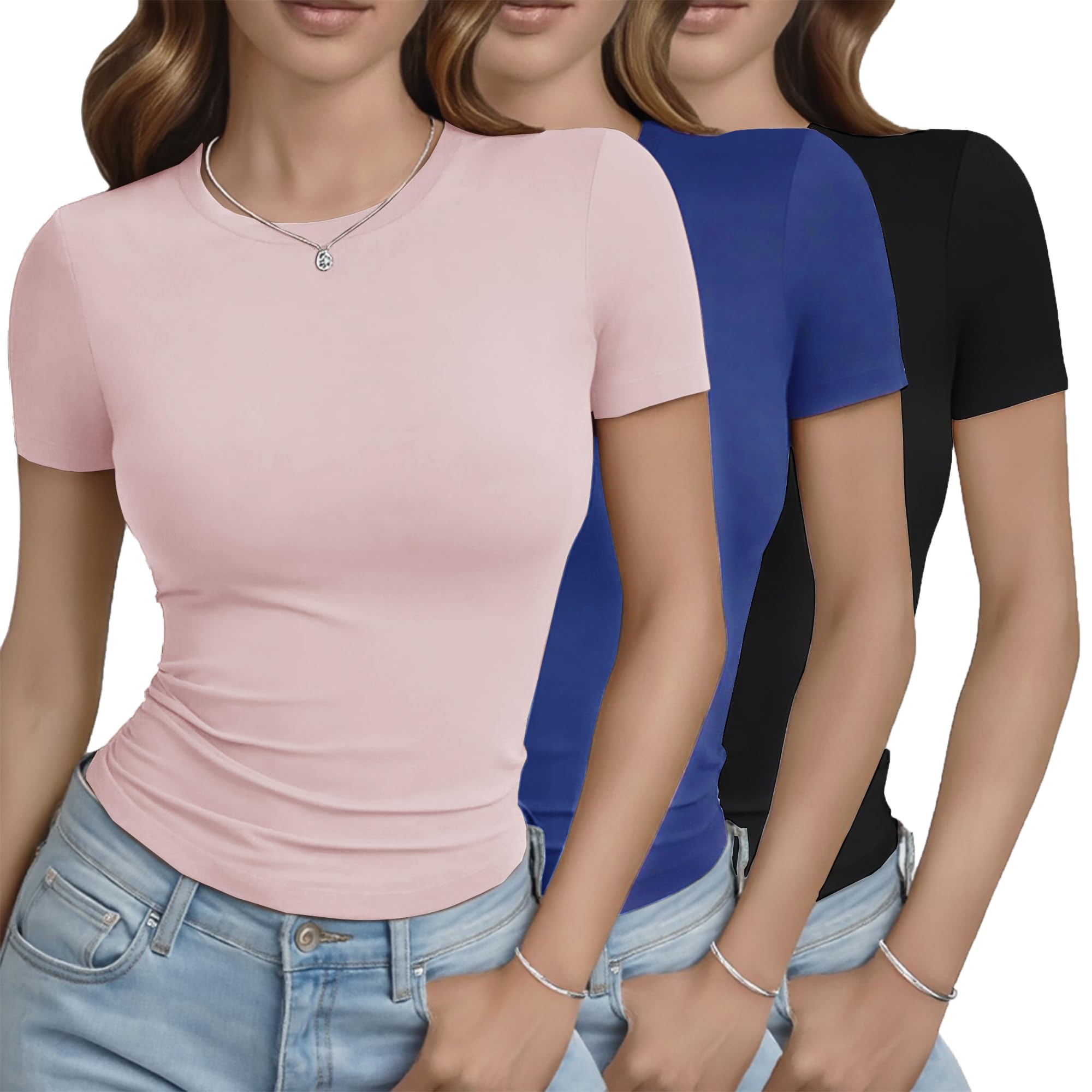 GAYHAY 3 Pack Basic Tees for Women - Crew Neck Slim Fit Tight T Shirts Cute Y2K Trendy Crop Tops Clothes for Casual Summer 2025 Black Pink Royal Blue Image