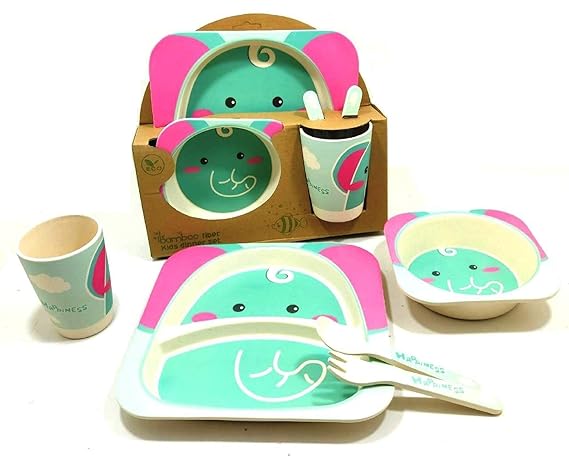 FunBlast (Set of 5 Pcs) Bamboo Fiber Eco-Friendly Kids Feeding Set - Elephant