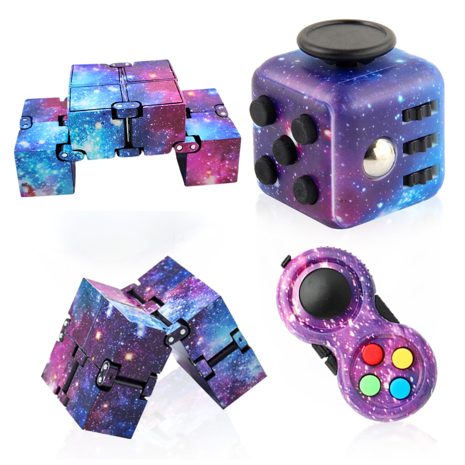 Cuackamily 3-Piece Fidget Toy Set - Galaxy Fidget Cube, Pad, Infinity Cube - Stress & Anxiety Relief for ADHD, ADD, Autism, Adults & Kids