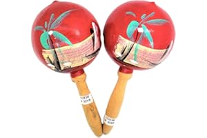 Zugar Land Red - 8" Hand Made Genuine Mexican Real Wooden Maracas (Pack of 2) Fragile Hand Painted. Wood. Noisemaker. Latin Dance Party Fiesta Musical Instrument.