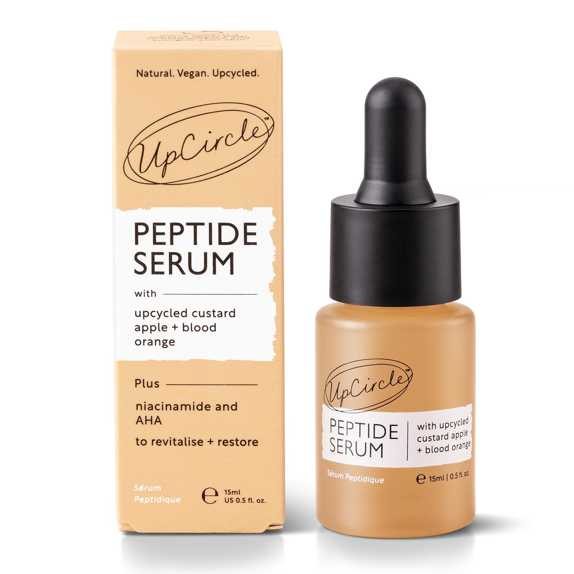 UpCircle Mini Peptide Serum 15ml – Improves Skin Elasticity + Boosts Collagen – Custard Apple, Rich In Vitamin C + Blood Orange Brightens Skin - Vegan + Cruelty-Free