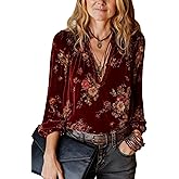 Apvirdy Velvet Tops for Women Floral Print Sexy V-Neck Shirts Long Sleeve Dressy Casual Blouse