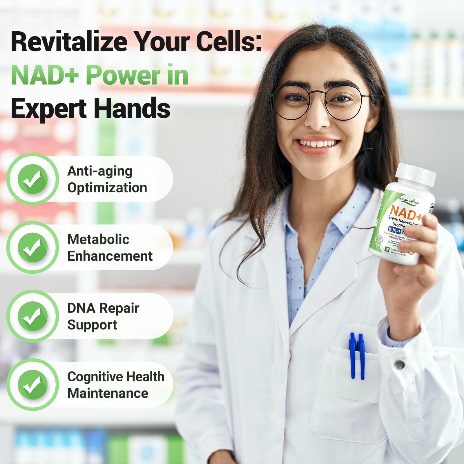 Nature Whisper NAD+ Resveratrol Supplements, 6-in-1 Complex with Trans-Resveratrol & Urolithin A, Ashwagandha, Grape Seed & Pine Bark Extract for Cellular Energy & Healthy Aging - 60 Capsules