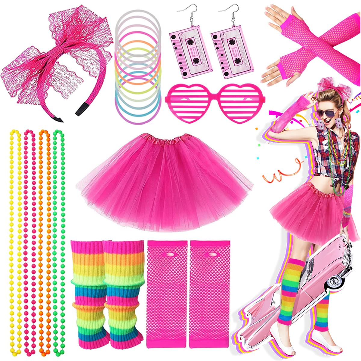 Ronilp 80s Fancy Dress for women,1980s Fancy Party Costume Accessories Neon Set, Tutu Skirt Rainbow Leg Warmers Neon Necklaces Bracelets Fishnet Gloves 80s Lace Bow Headband Tape Earrings Sunglasses — image 1