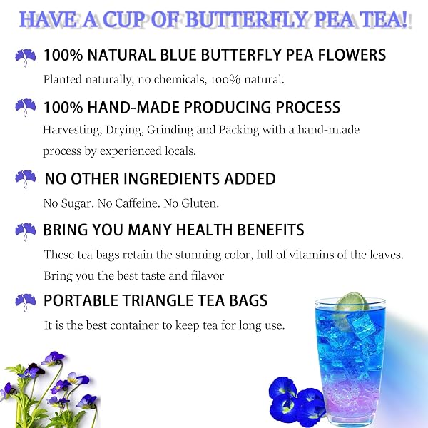 BUTTERFLY PEA FLOWER TEA BAGS – GOKARNA FLOWER TEA, TRANSPARENT TRIANGLE TEABAG, PREMIUM DRIED BUTTERFLY PEA FLOWERS, 100% NATURAL | NO SUGAR | NO CAFFEINE | NO GLUTEN | VEGAN 2.82OZ (1)