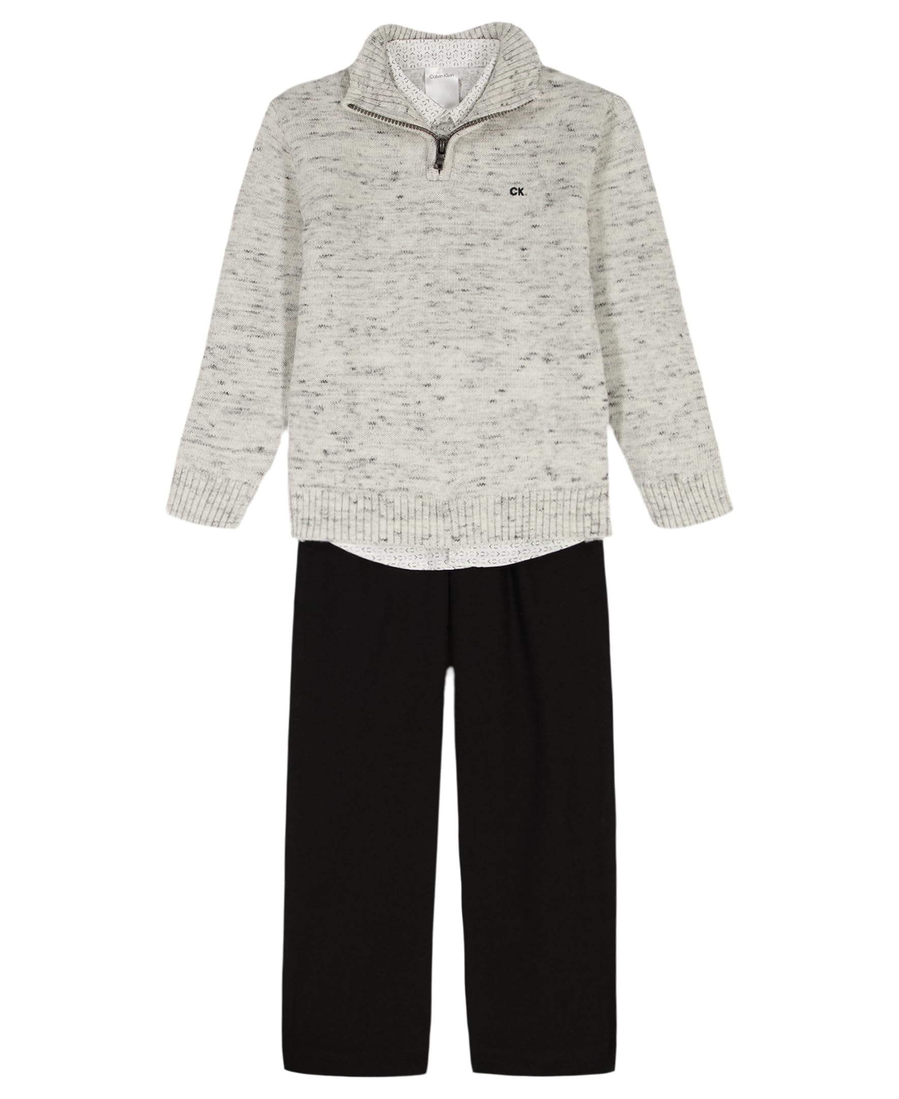 Calvin Klein Boys' 3-Piece Sweater Set with Matching Button-Down Shirt and Pants, Cream Space Dye, 4 Image