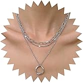 Allereyae Vintage Layered Circle Pendant Necklace Matte Circle Choker Necklace Gold Eternity Circle Necklace Punk Paperclip Chain Necklace Jewelry for Women