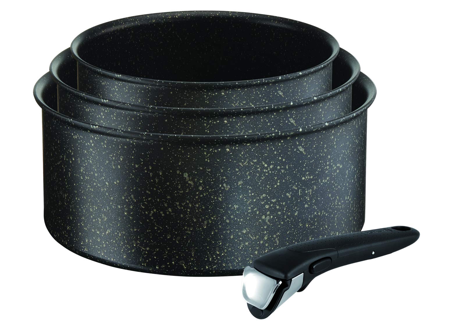 Tefal Ingenio Authentic Set of 3 Saucepans 16/18/20 cm (1.5/2.1/3 L) + 1 Removable Induction Handle, Non-Stick, Mottled Black L6719012, Made in France