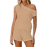 Tankaneo Womens Off The Shoulder 2 Piece Outfits Sweater Sets Shorts Casual Matching Lounge Sets 2025