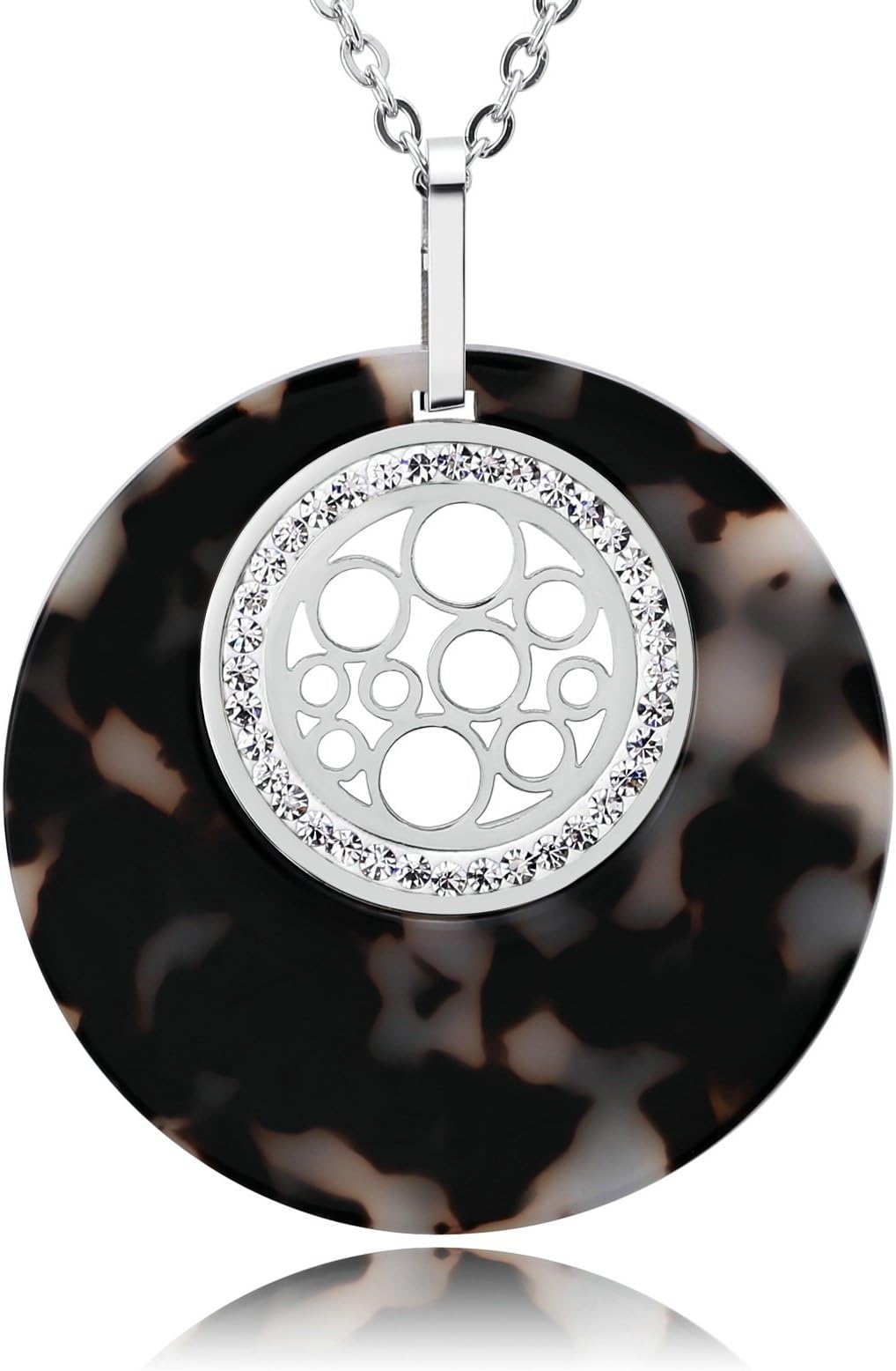ANAZOZ Stainless Steel Pendant Necklaces for Women Agate Cz Round Circles Black Silver 4.3X4.3Cm