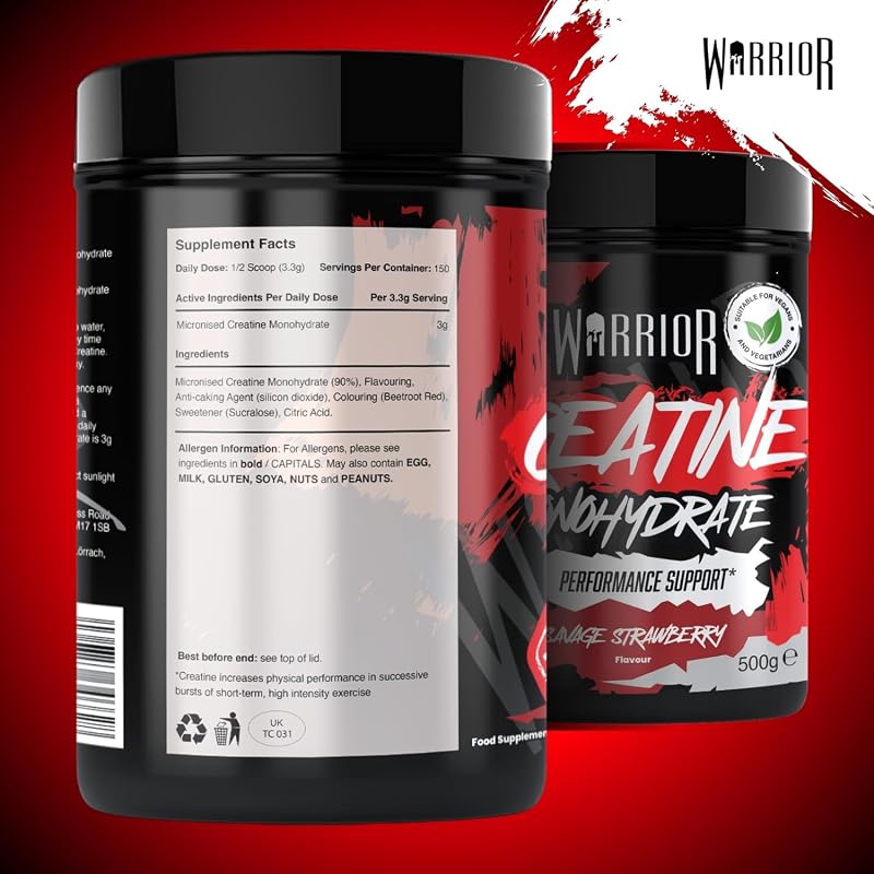 Creatin Monohydrat Pulver 500 g, Kreatin Vegan – Wilde Erdbeer 3 g pro Portion, 150 Portionen, mikronisiert, angenehmer Geschmack, laborgeprüft, für Kraft, Muskelaufbau & Ausdauer