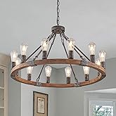 Benkut Farmhouse Wagon Wheel Chandelier 31" Black Rustic Light Fixtures 12-Light Wood Round Chandelier for Dining Room Living