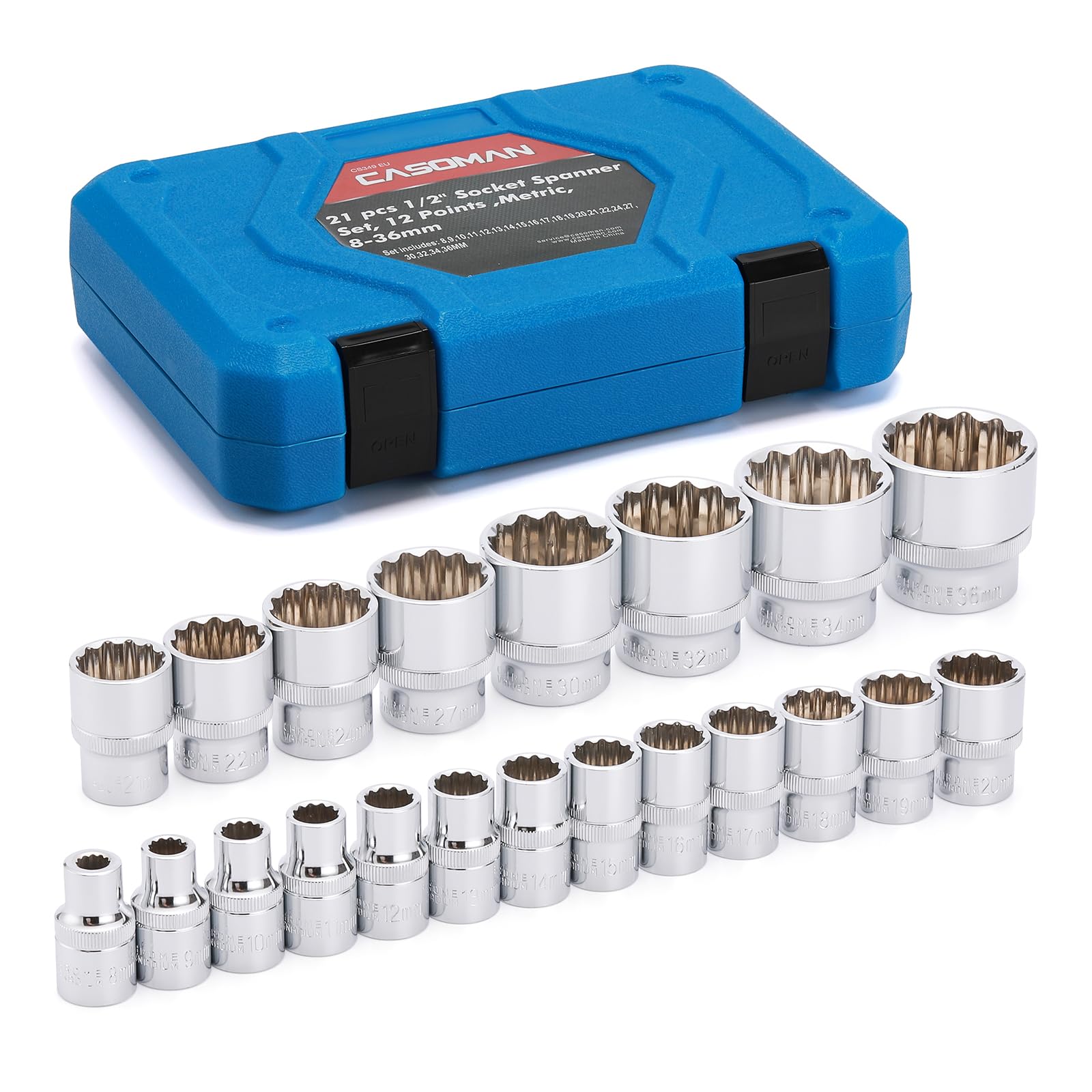 CASOMAN 21PCS 1/2-Inch Drive Spline Socket Set, 8-36mm, CR-V Steel, Multi-Tooth Socket Set, 12-Point Desgin, Metric