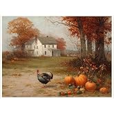Autumn Farmhouse Wall Art with Turkey and Pumpkins – Vintage Thanksgiving Landscape Poster,Rustic Fall Harvest Canvas Print for Dining Room Decor 11x14in Unframed