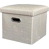 12 Inches Folding Ottoman with Storage Linen Fabric Foot Stool Storage Thick Sponge Padded Seat Ottoman for Bedroom Living Room(Beige)