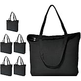 Koolmox Black Canvas Tote Bag with Zipper, 6-Pack 17x14x3.9'' 12Oz Thick Canvas Bag with Handles and Flat Bottom, Women Men Grocery Shopping Bags Cotton Totes Sublimation Totes to Customize