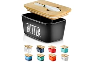 Hasense Butter Dish with Lid, Ceramic Butter Dish with Knife for Countertop, Airtight Covered Butter Keeper Container, Large Black Butter Holder for Refrigerator,Black