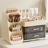 Aveniee Makeup Organizer with Drawers, Large Bathroom Countertop Storage for Vanity, Cosmetic &amp; Skincare Display Case for Brushes, Perfumes, Lipsticks (Cream White)