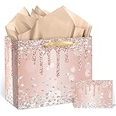 Rose Gold Gift Bags with Tissue Paper and Greeting Card Large Pink Rose Gold Birthday Bag for Girls Women Glitter Gift Wrapping Paper Bag with Handles for Birthday Wedding Bridal Showers Party Gift