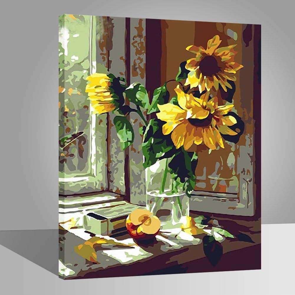 LIUDAO DIY Oil Painting for Adult - Yellow Sunflower Vase - Paint by Numbers Kit (with Wooden Frame, 16x20 Inches)