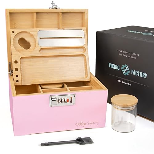 Viking Factory® Large Lockable Bamboo Storage Box with Combination Lock, Decorative Organizer for Jewelry, Medicine & Tools, Includes Tray, Glass Jars & Accessories