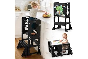 Woodure 4 in-1 Toddler Kitchen Step Stool, Foldable Learning Standing Tower with Blackboard, Wooden Kitchen Stool Helper for Kids, 1-3 Year Old Boy Girl Gifts - Black