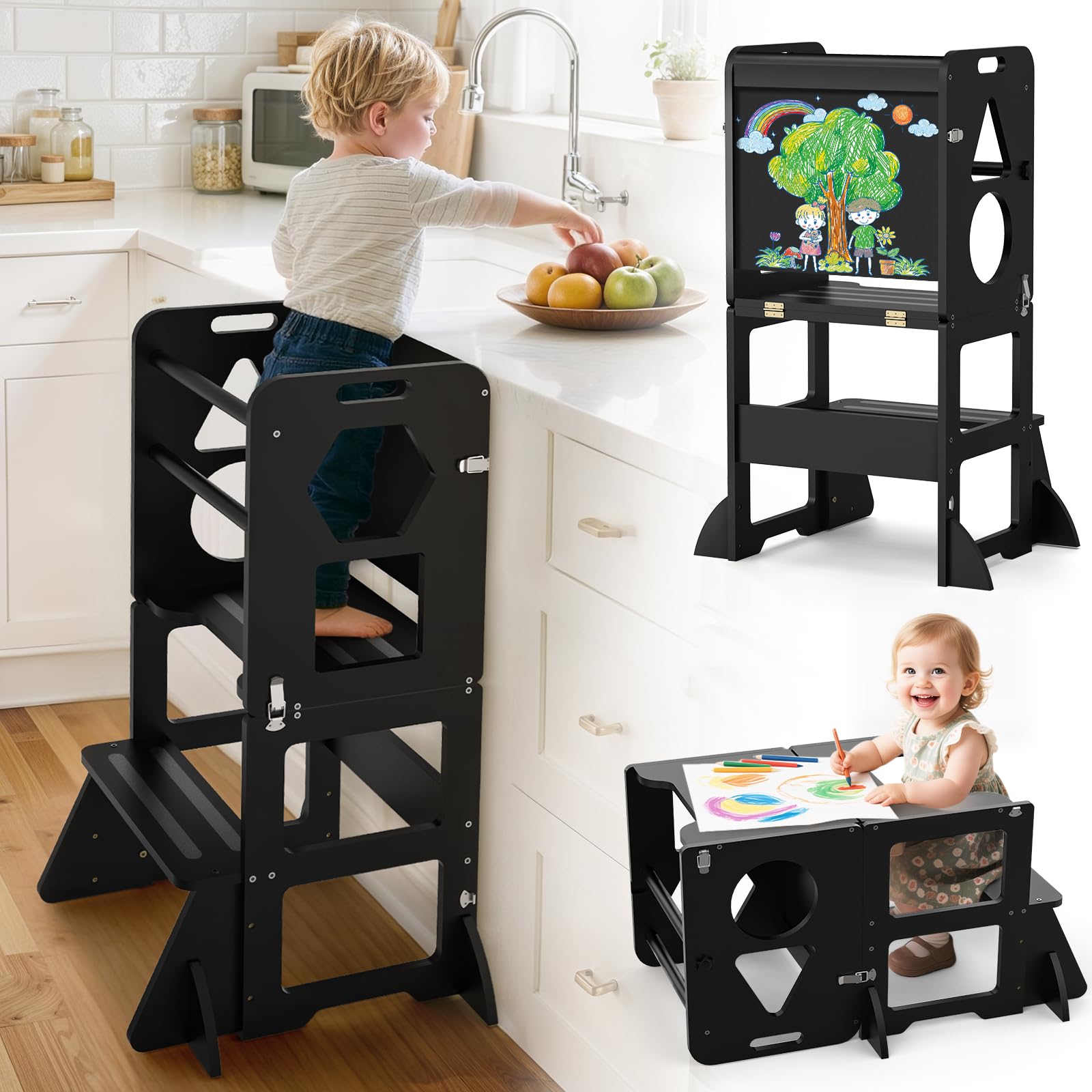 Photo 1 of Woodure 4 in-1 Toddler Kitchen Step Stool, Foldable Learning Standing Tower with Blackboard, Wooden Kitchen Stool Helper for Kids, 1-3 Year Old Boy Girl Gifts - Black