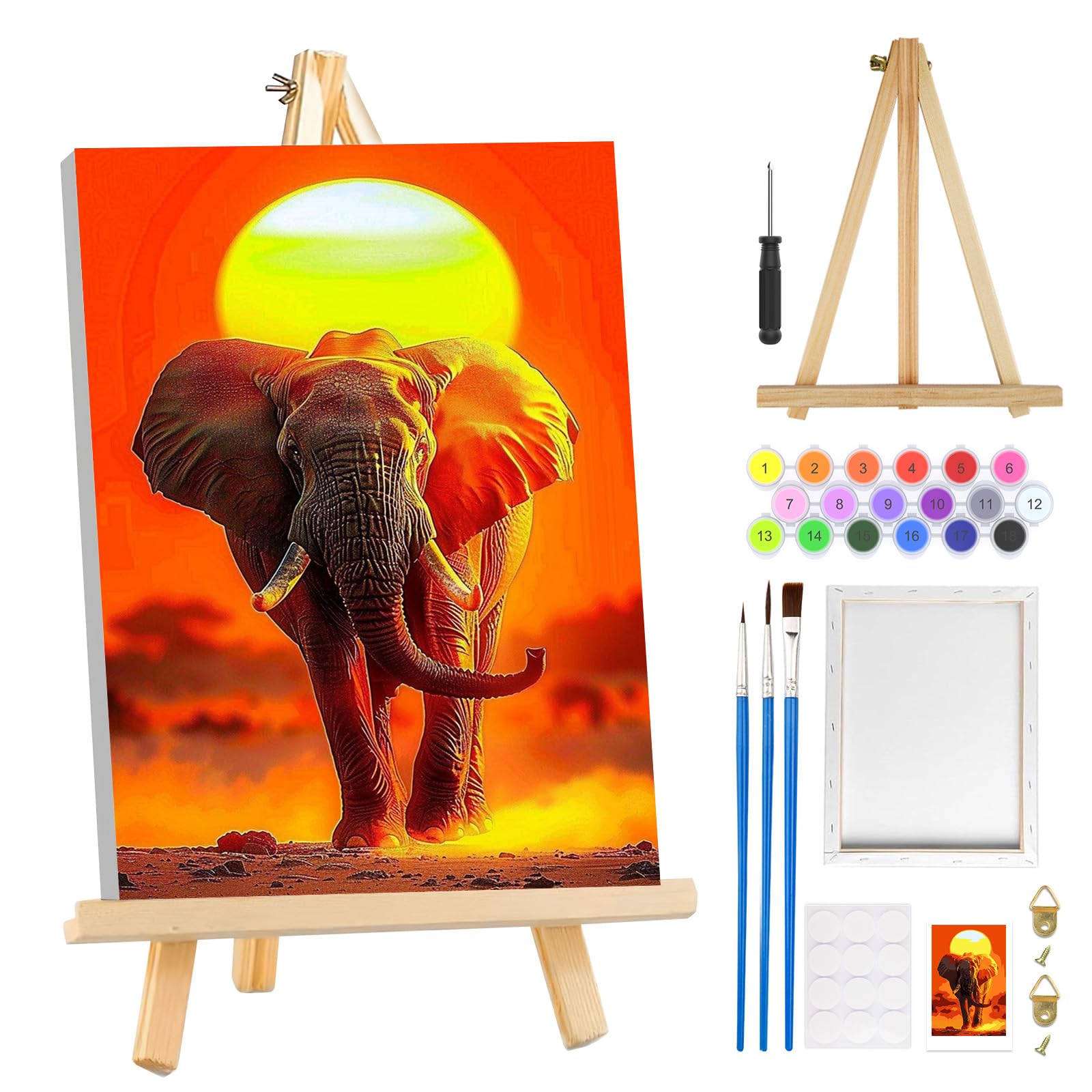 MOGTAA Elephant Paint by Numbers for Adults with Frame, Sunset Painting by Numbers for Adults with Easel, Easy DIY Animal Oil Painting Kits Art Crafts for Home Decor, 8x12in
