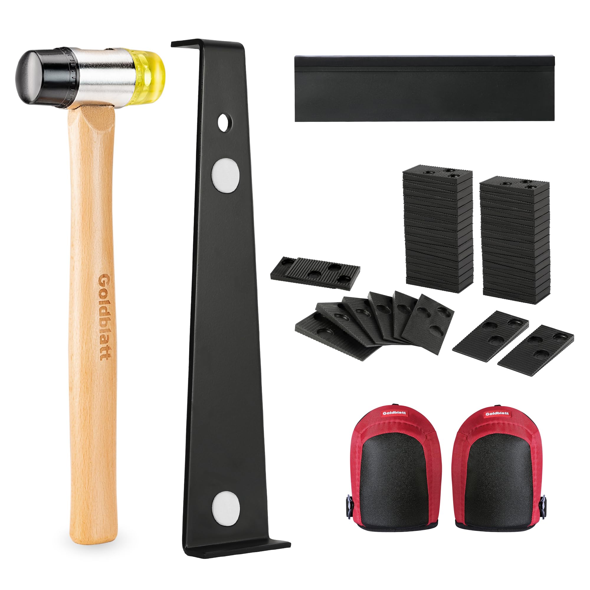 Photo 1 of Goldblatt Laminate Wood Flooring Tools Installation Kit with 100 Spacers, Reinforced Double-Faced Mallet, Tapping Block, Heavy Duty Pull Bar, and Protective Knee Pads
