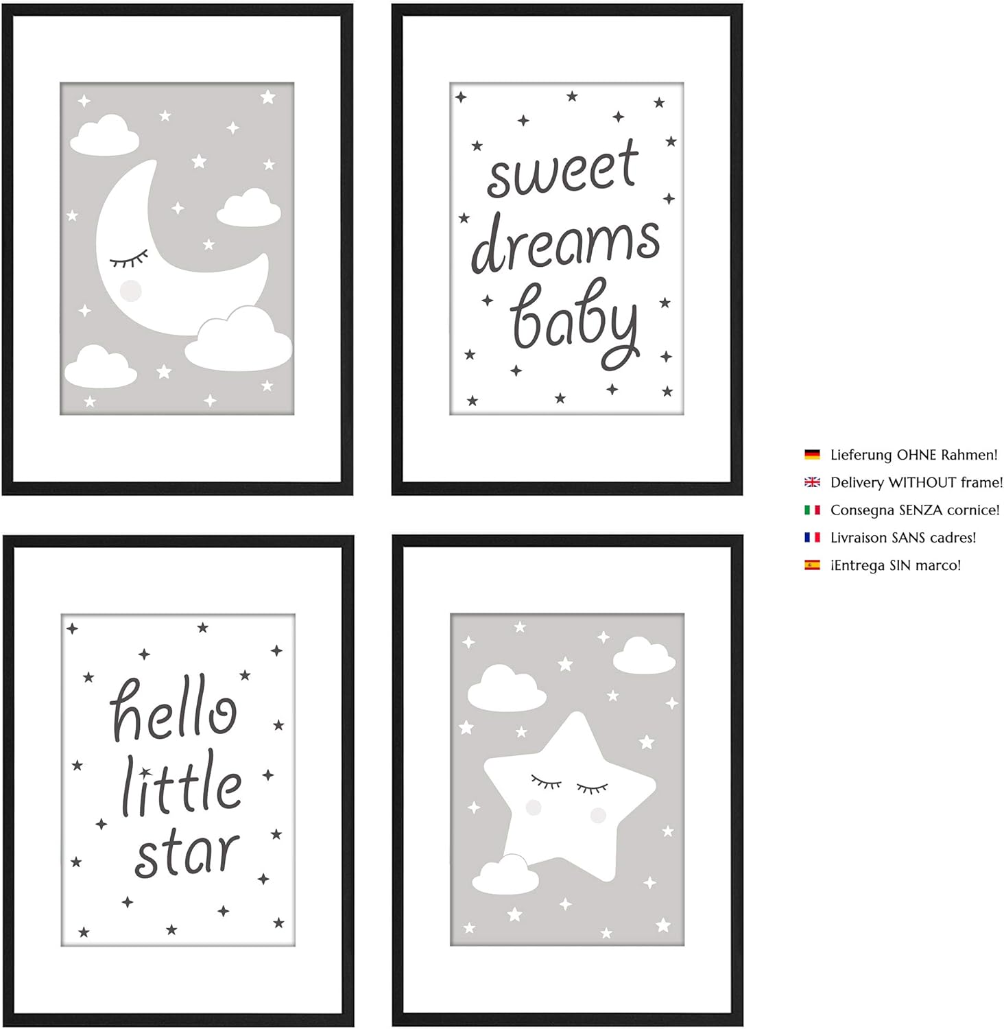 PREMYO Wall Art Prints Nursery Decor - Baby Room Decoration Girl Boy - Kids Poster Set Star Moon Cloud Grey A4 Size - Image 4