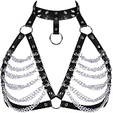 Punk Adjustable Layered Chest Chain for woman, Black Leather Chest Harness Body Chain Belt for Halloween, cosplay