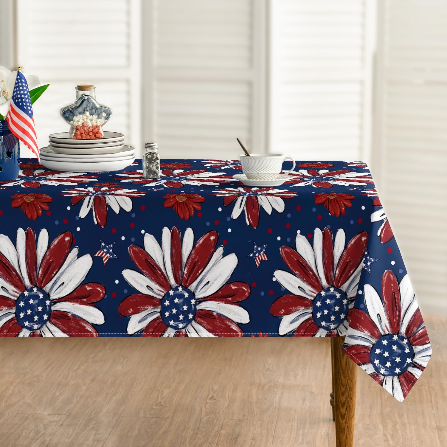 Photo 1 of Horaldaily 4th of July Tablecloth 60×84 Inch Rectangular, Patriotic Memorial Day Red and Blue Print Flowers Independence Day Washable Table Cover for Party Picnic Dinner Decor