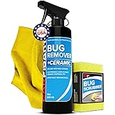 Carfidant Bug Remover for Cars Exterior - Car Bug Cleaner Spray with Ceramic Coating - Removes Bug Splatter & Bird Poop - Safe on Paint, Glass, Plastic, Metal - Windshield Pre Wash - 18 fl oz + Sponge