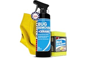 Carfidant Bug Remover for Cars Exterior - Car Bug Cleaner Spray with Ceramic Coating - Removes Bug Splatter & Bird Poop - Safe on Paint, Glass, Plastic, Metal - Windshield Pre Wash - 18 fl oz + Sponge