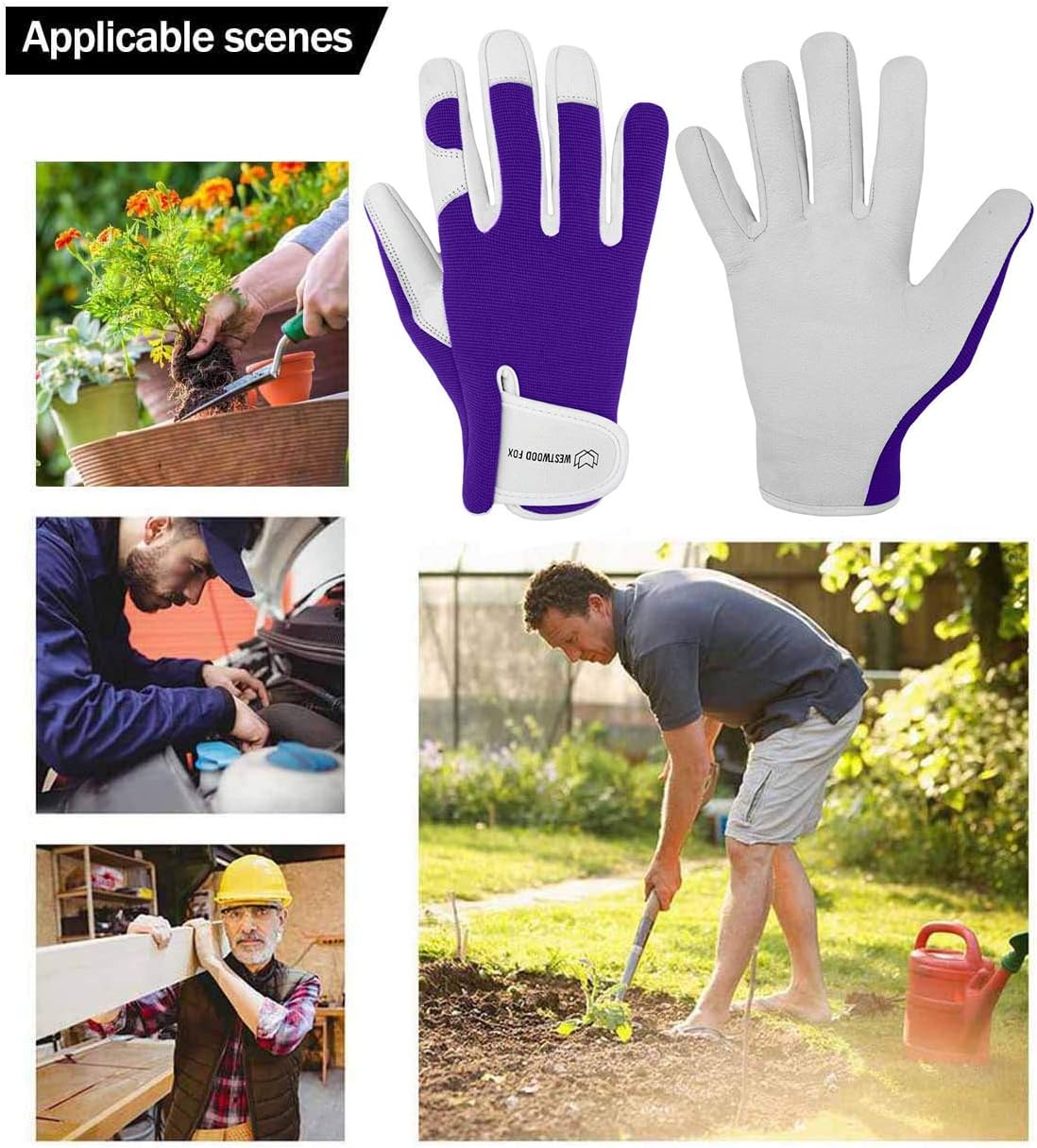 Ladies/Mens Leather Gardening Gloves Thorn Proof Garden work gloves with Goatskin Leather Breathable Spandex Back (Medium, Purple): Clothing