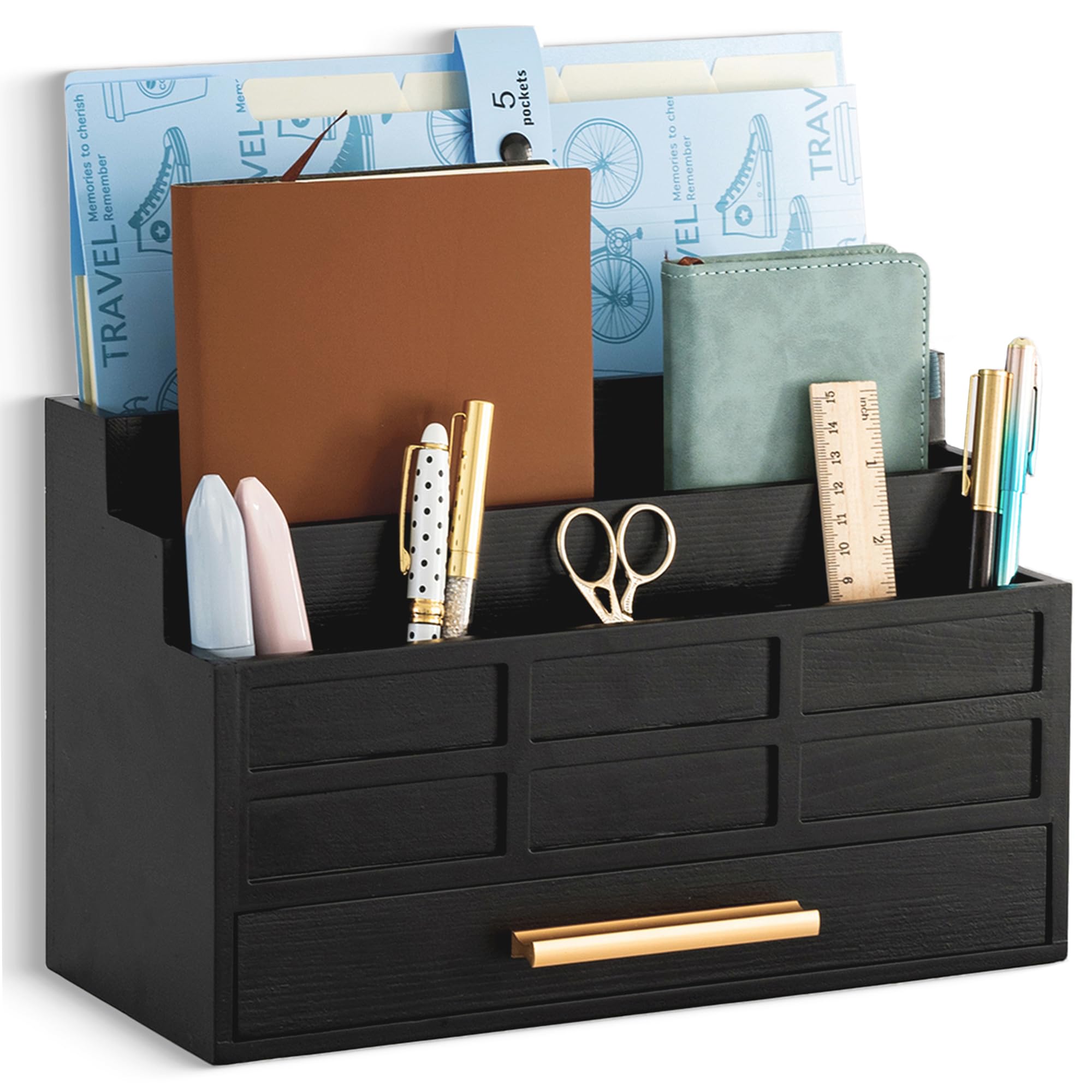 Photo 1 of (minor damages) dreampossible Black Wood Desk Organizer and Accessories with Drawer, Bill Mail Organizer and File Mail Holder for Office Supplies, Rustic Desk Accessories & Workspace Organizers for Desk Organization