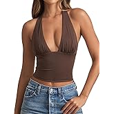 REORIA Women's Plunge Neck Backless Shirts Double Lined Going Out Halter Tank Tops Cute Summer Sleeveless Crop Tops