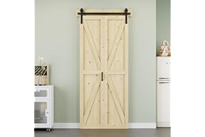 ARK DESIGN 25" x 84" K Shape Spruce Wood Bifold Barn Door with Header Board and Hardware Kit Included, Pre-Assembled Unfinished Solid Panel Bi-fold Barn Door for Pantry, Closet, Laundry