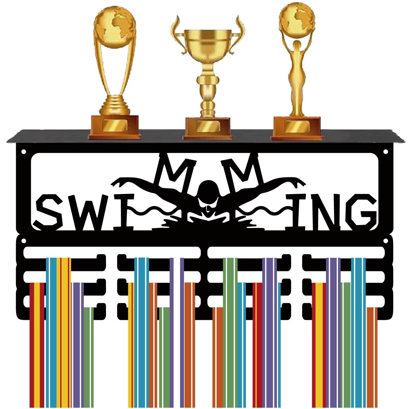 CREATCABIN Swimming Medal Holder Display Sports Medal Hanger Lanyard Ribbon Trophy Awards Black Metal Rack Wall Frame Hanging over 70+ Medals for Swimmer Athletes Medalists Gifts 15.7 x 7.9Inch