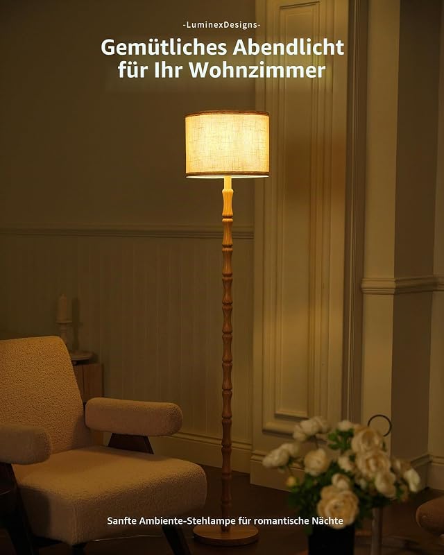 Boho Stehlampe aus Eiche Holz mit Beige Stoffschirm